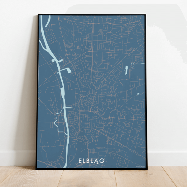 plakat mapa Elbląga niebieska